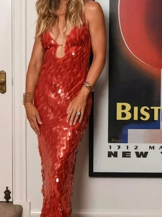 Red Sequin Formal Women's V-Neck Sleeveless Maxi Prom Dress - Picture 3 of 5